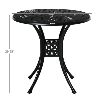 30" Round Patio Dining Table with Umbrella Hole, Antique Cast Aluminum Outdoor Bistro Table Only, Black