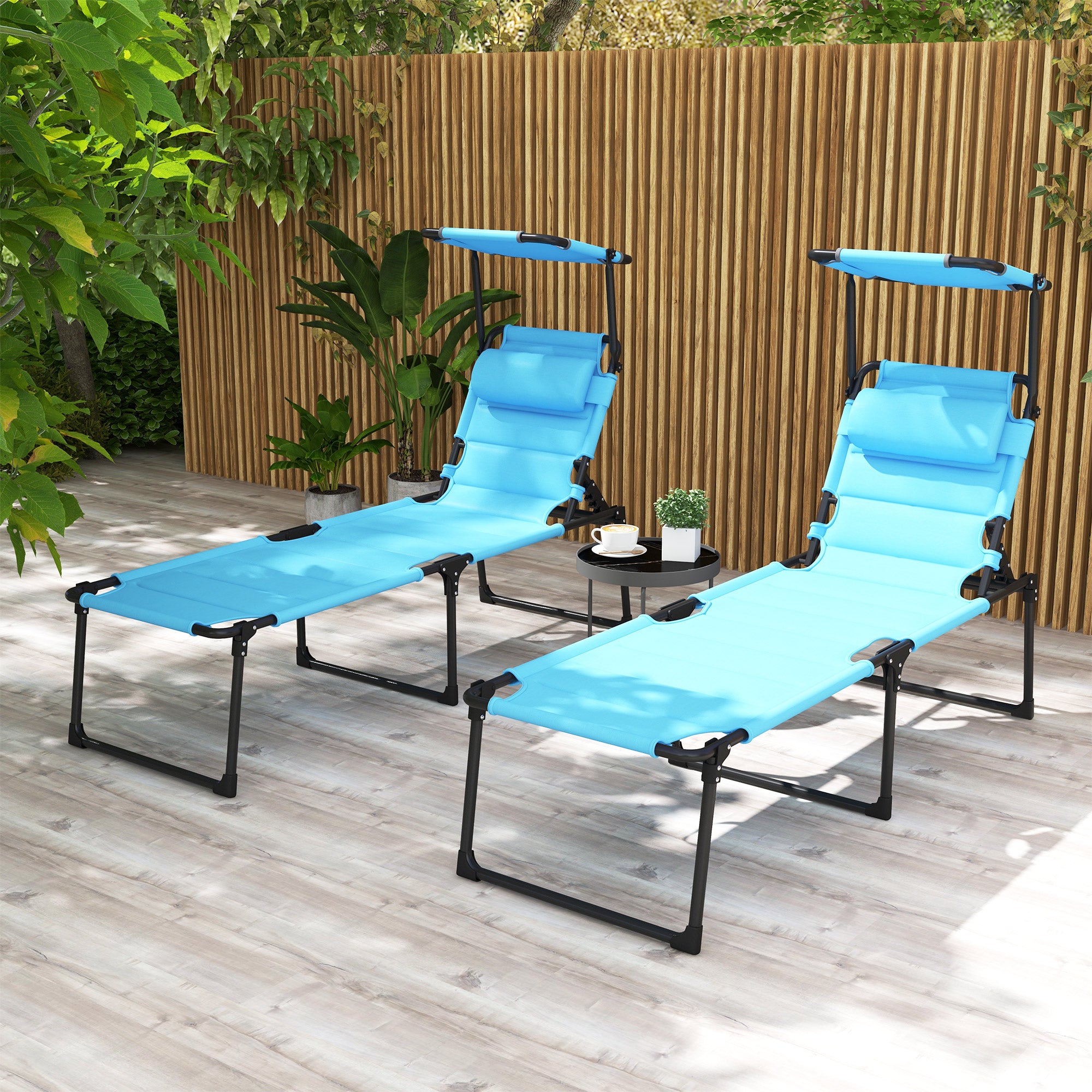 2 Pcs Outdoor Lounge Chair, 4 Position Adjustable Backrest, Folding, Cushioned w/ Sun Shade Roof & Pillow
