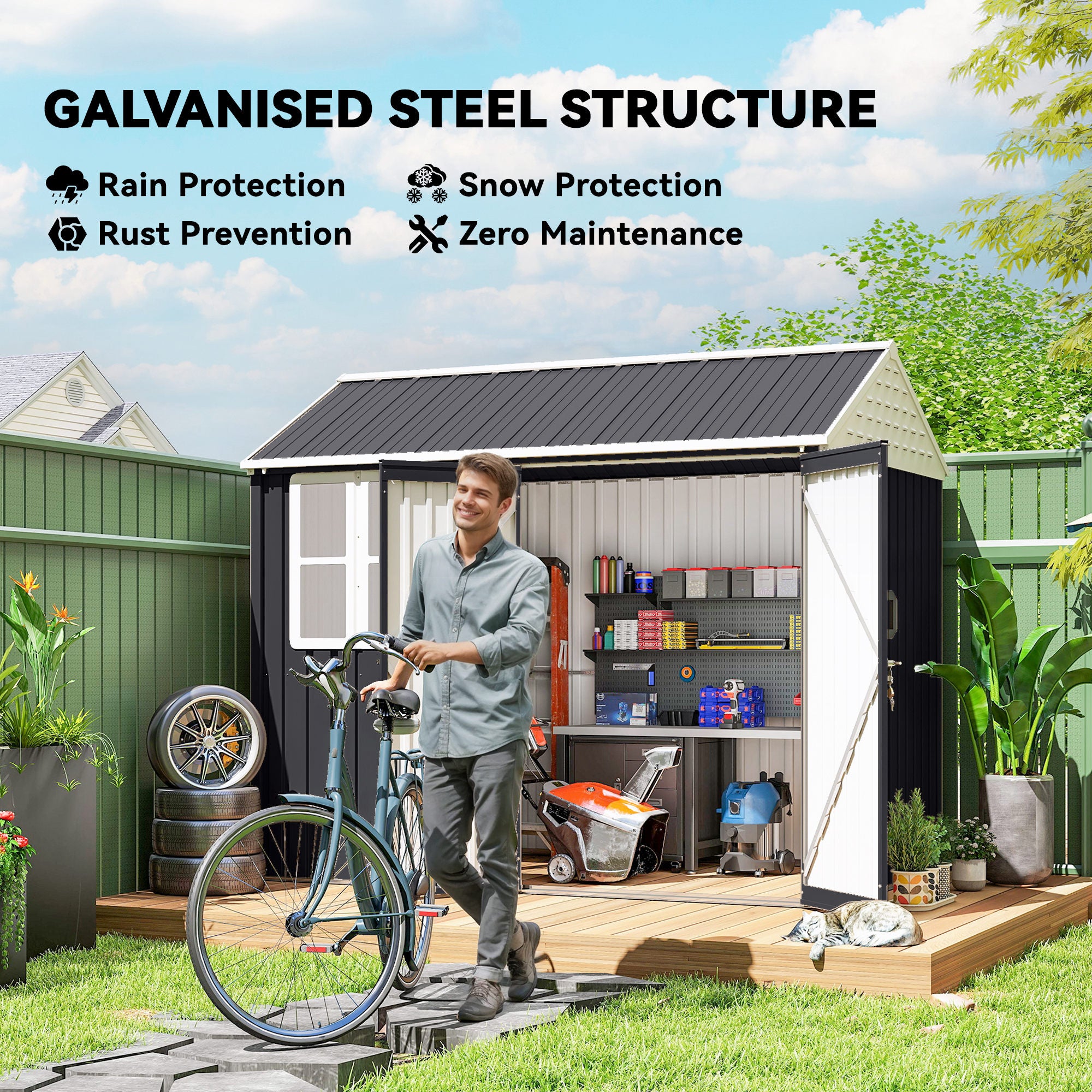 8' x 5.5' Metal Garden Storage Shed, Extra Large Outdoor Tool Storage House w/Lockable Doors, Window, Air Vents