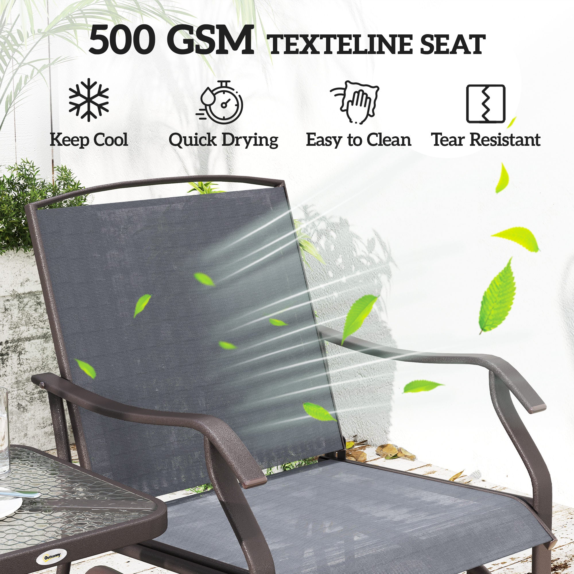 3 Piece Outdoor Glider Chair with Coffee Table Bistro Set, 2 Patio Rocking Swing Chairs with Breathable Sling Fabric, Glass Tabletop, for Backyard, Garden and Porch, Gray