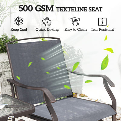 3 Piece Outdoor Glider Chair with Coffee Table Bistro Set, 2 Patio Rocking Swing Chairs with Breathable Sling Fabric, Glass Tabletop, for Backyard, Garden and Porch, Gray