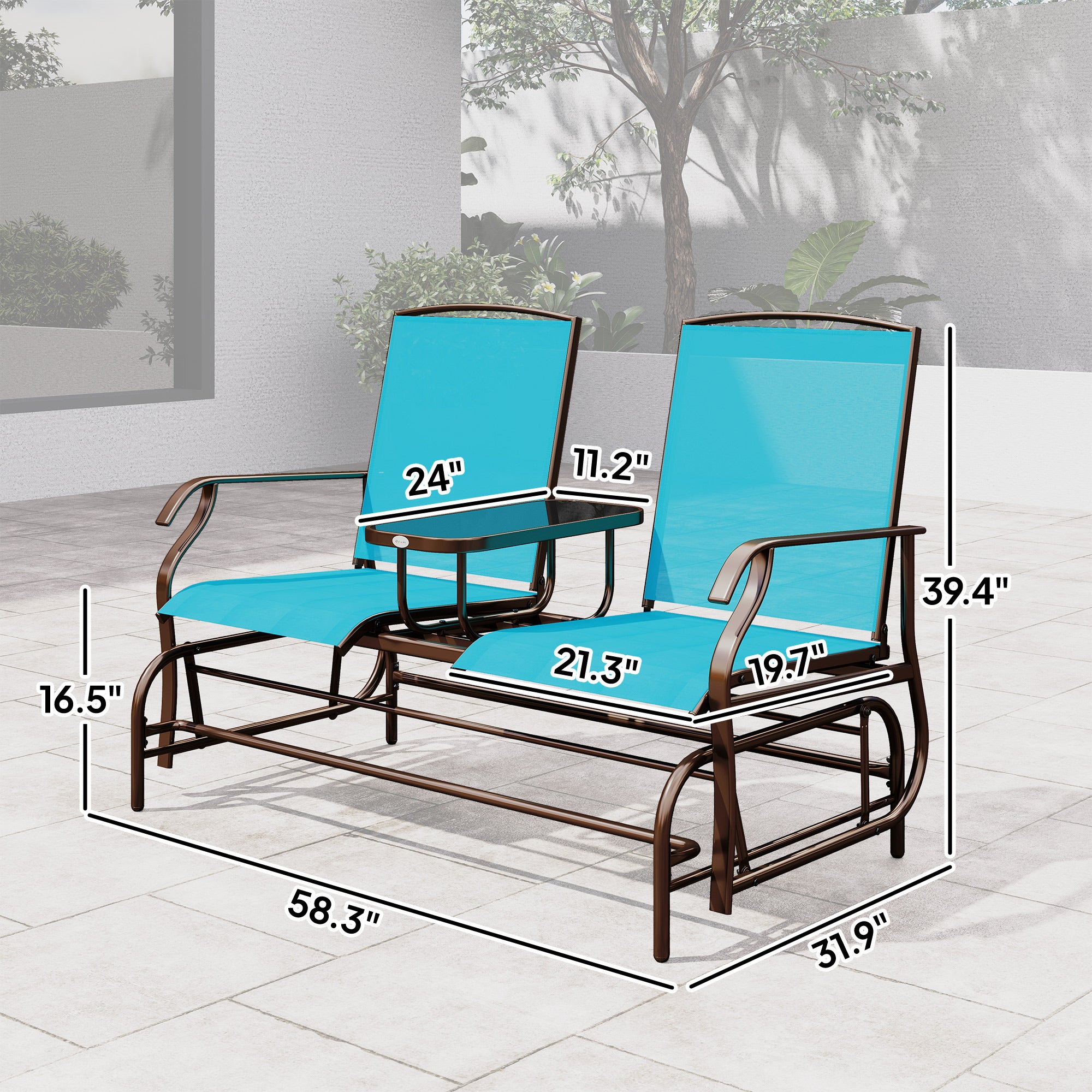 Outdoor Glider Bench with Center Table, Metal Frame Patio Loveseat with Breathable Mesh Fabric and Armrests for Backyard Garden Porch