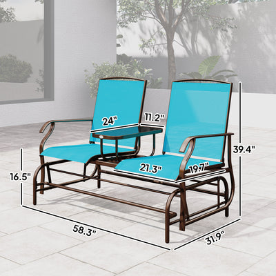 Outdoor Glider Bench with Center Table, Metal Frame Patio Loveseat with Breathable Mesh Fabric and Armrests for Backyard Garden Porch