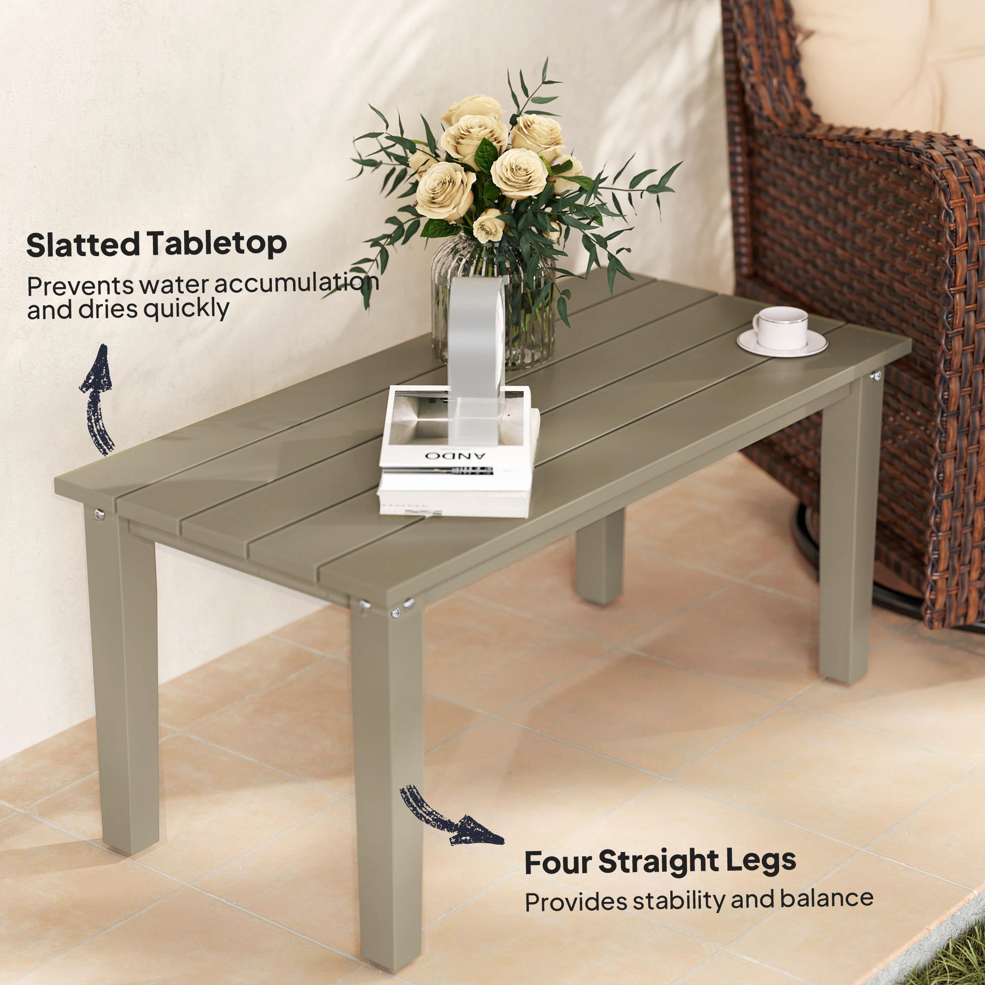 Rectangle Outdoor Coffee Table, HDPE All-Weather Outdoor Patio Table with Slatted Tabletop for Yard, Balcony