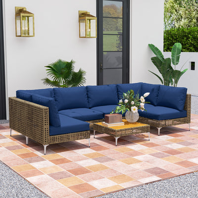 7 Piece Wicker Patio Furniture Set, Modular Outdoor Sectional with Thickened Cushions, Acacia Wood Table