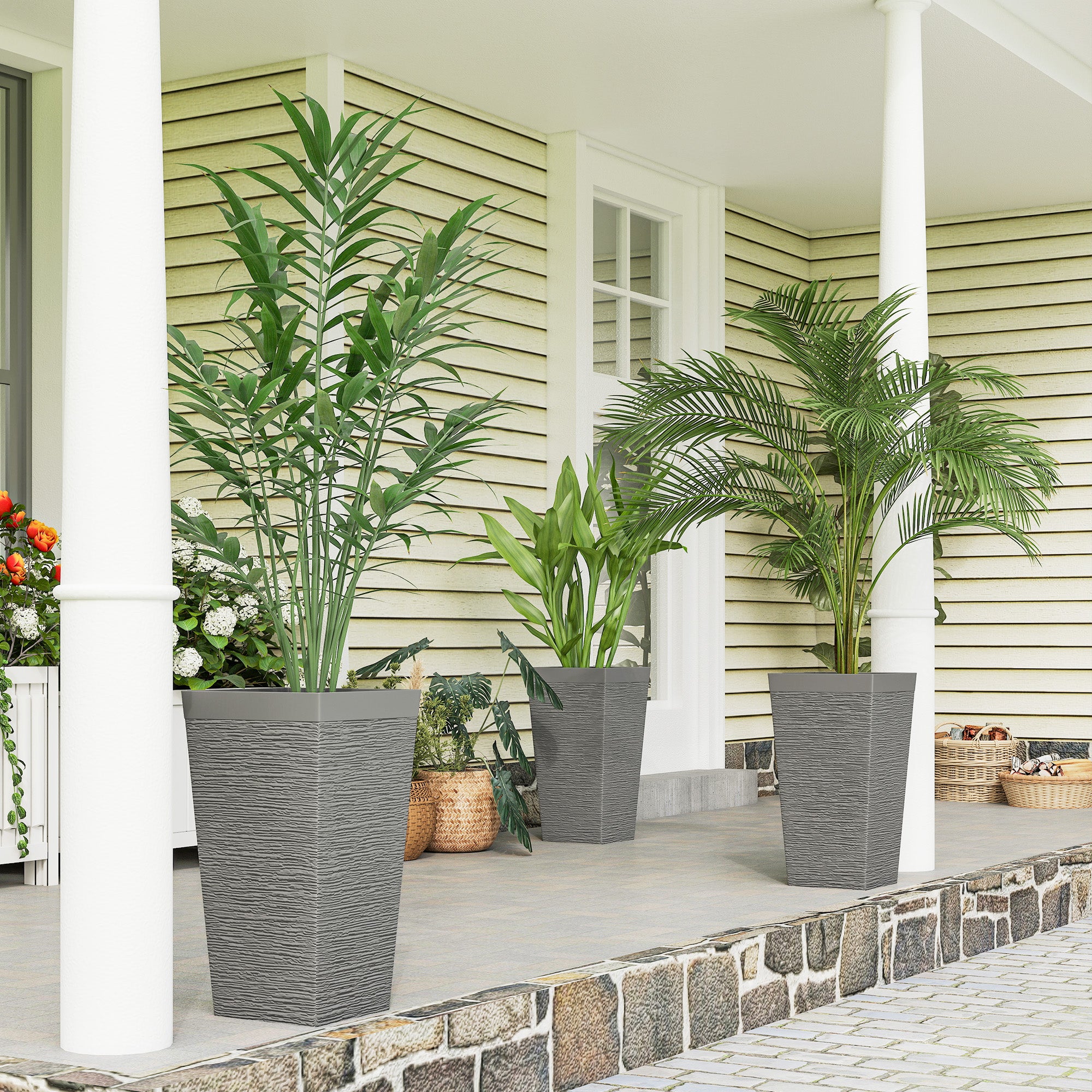 22.8 Inch Set of 3 Outdoor Planters with Stone Finish and Wheels, Stackable Tapered Planters with Drainage Hole