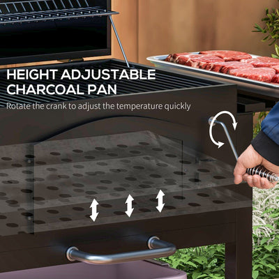 Charcoal BBQ Grill w/ Adjustable Height, Folding Shelves, Thermometer, and Wheels, Black