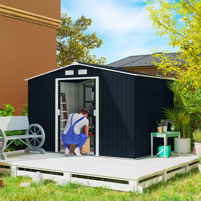 9' x 6' Outdoor Storage Shed, Garden Tool Metal Shed with Foundation Kit, Double Lockable Door, Air Vents and Sloping Roof, for Backyard, Patio, Lawn