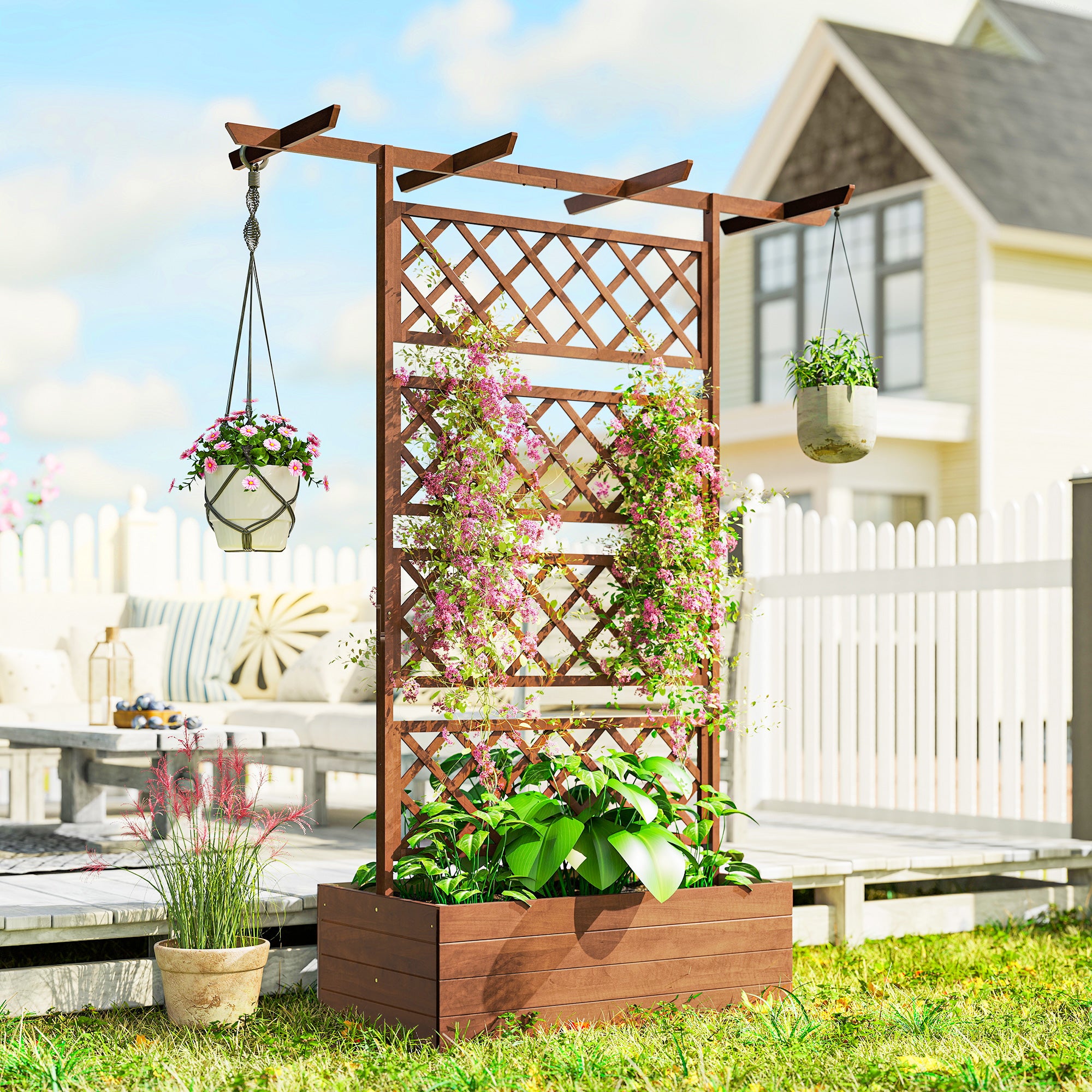 Wooden Trellis Planter Box, Raised Garden Bed to Grow Vegetables, Herbs and Flowers