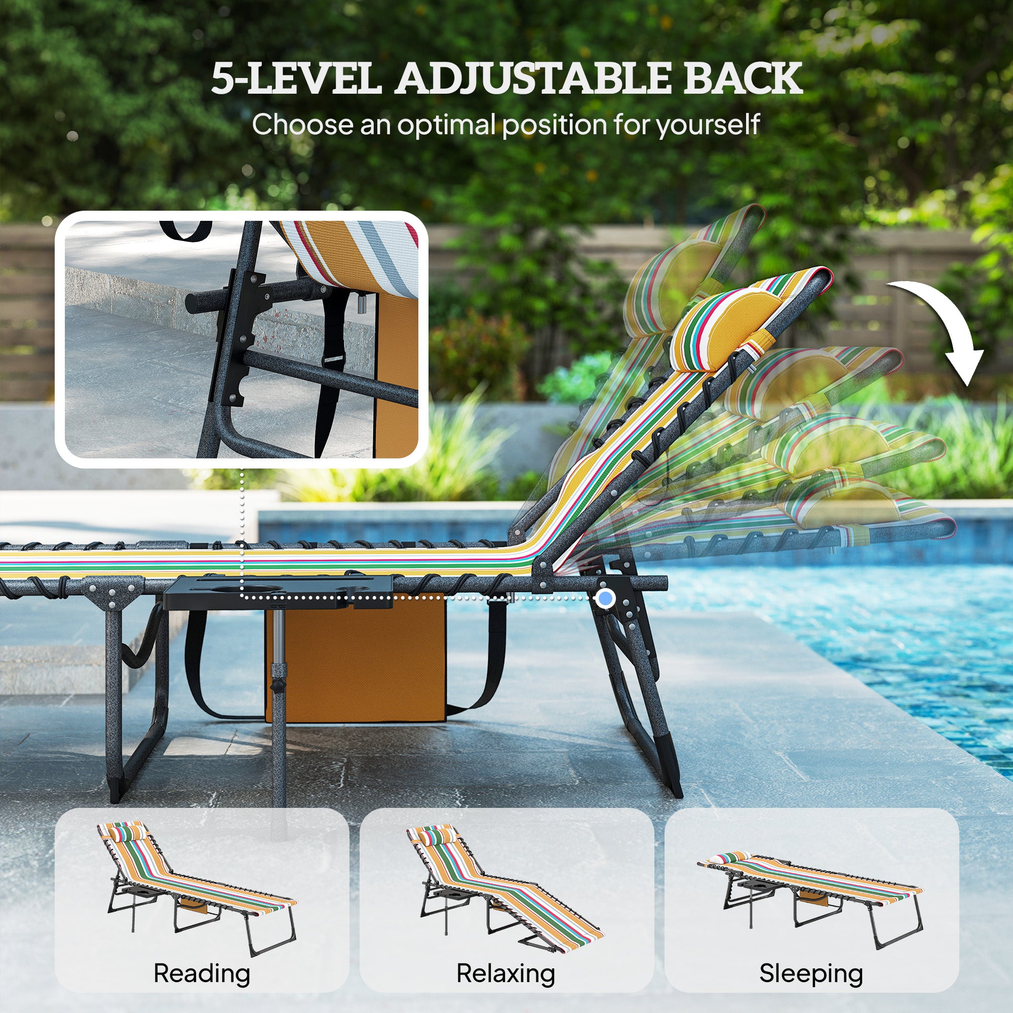 Folding Outdoor Chaise Lounge Chair Tanning Chair with 5-Level Adjustable Back, Side Table, Pillow, Pocket, Mixed Color
