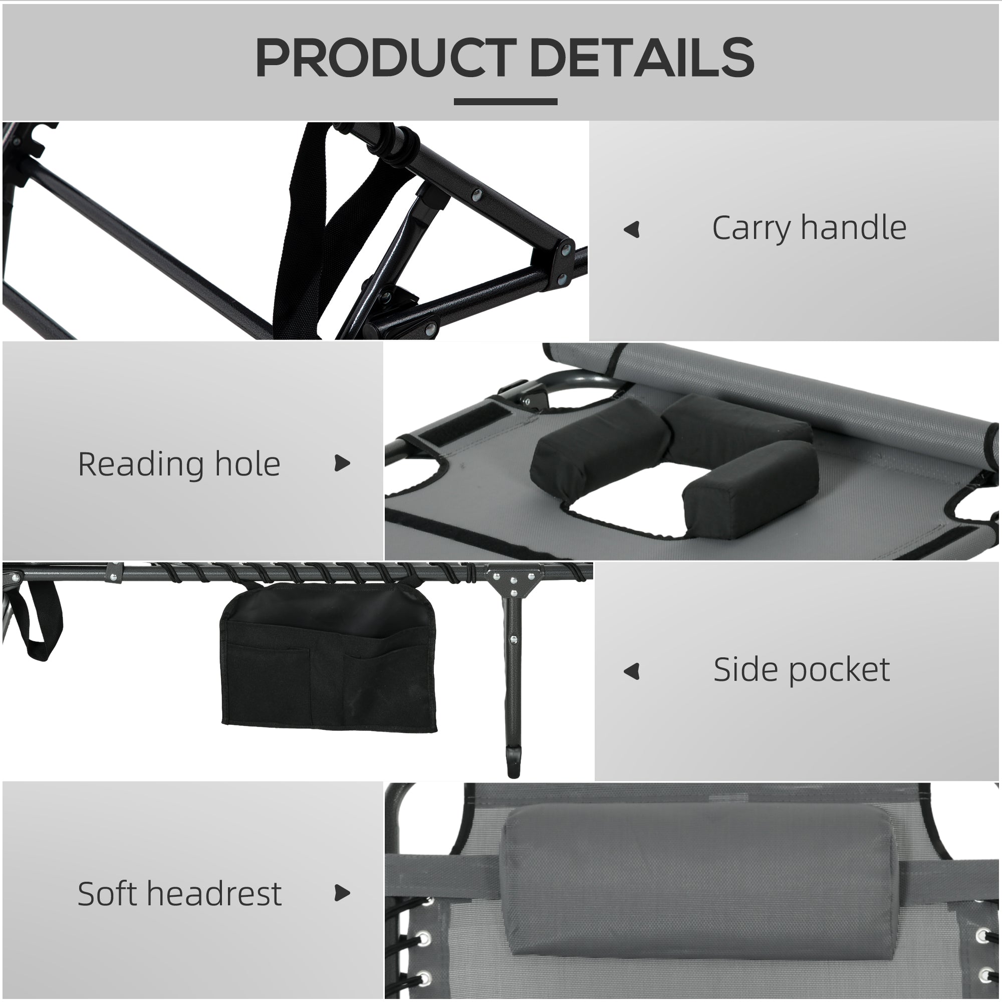 Folding Chaise Tanning Lounge Chair w/ 5-level Reclining Back, Reading Hole, Side Pocket, Headrest