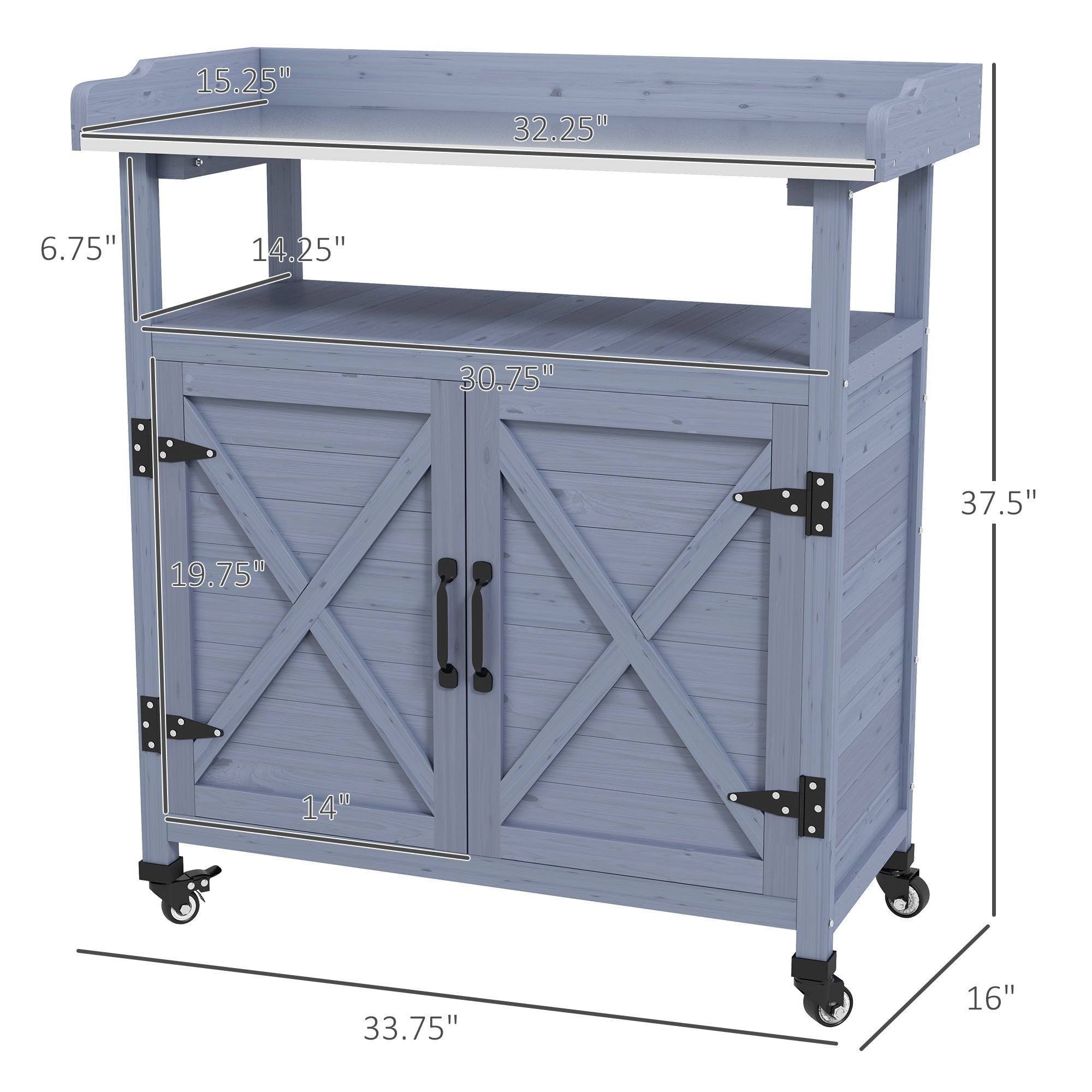 Outdoor Wooden Potting Bench with Storage Cabinet, Aluminum Tabletop, Rubber Wheels for Backyard, Patio, Balcony