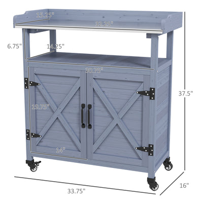 Outdoor Wooden Potting Bench with Storage Cabinet, Aluminum Tabletop, Rubber Wheels for Backyard, Patio, Balcony
