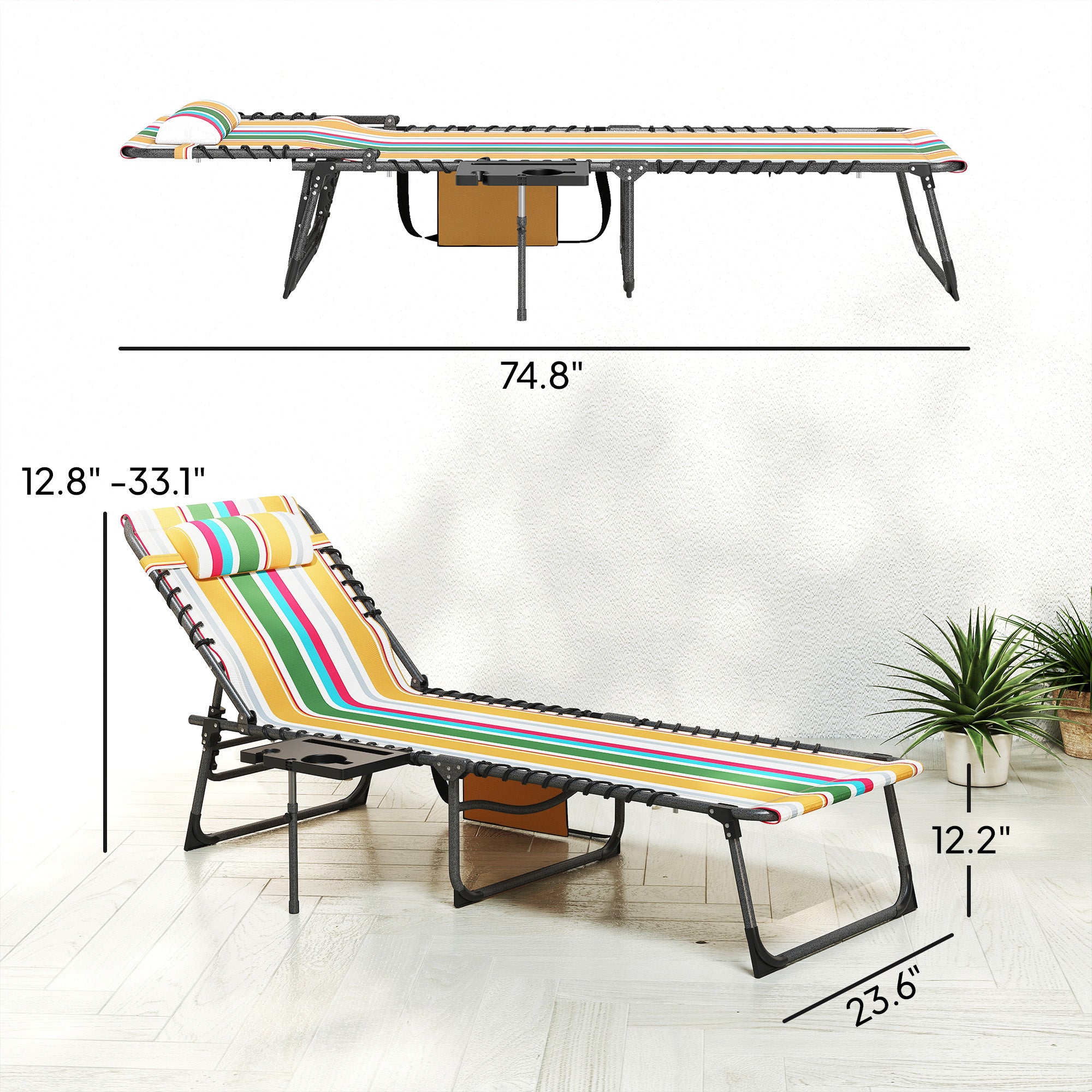 Folding Outdoor Chaise Lounge Chair Tanning Chair with 5-Level Adjustable Back, Side Table, Pillow, Pocket, Mixed Color