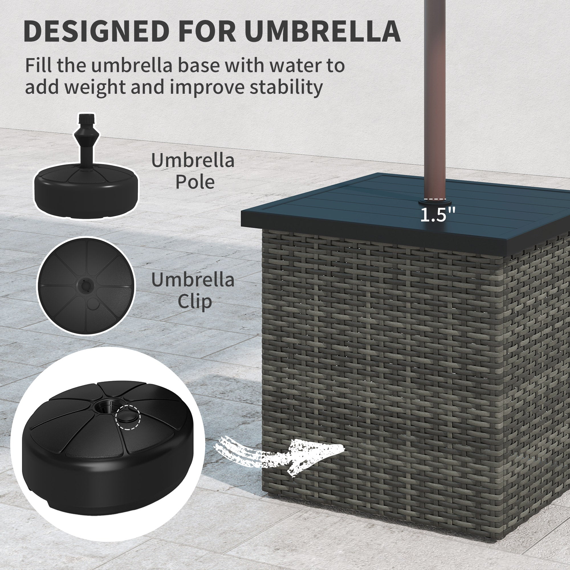 Wicker Side Table with 1.5" Umbrella Hole, Square Outdoor End Table with UV-Resistant Frame, Storage Space
