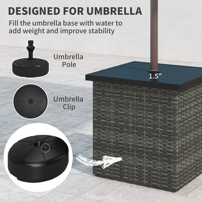 Wicker Side Table with 1.5" Umbrella Hole, Square Outdoor End Table with UV-Resistant Frame, Storage Space