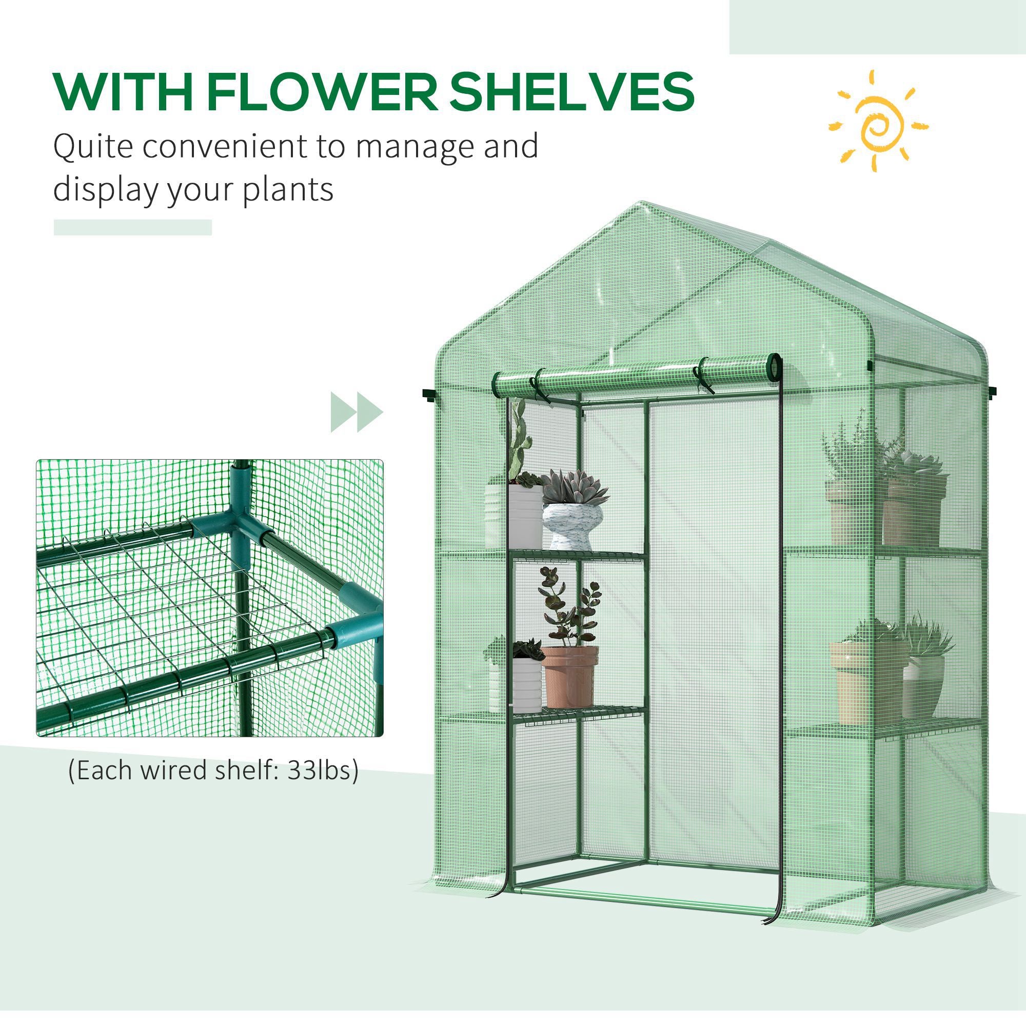 56" x 29" x 77" Walk-in Greenhouse, Garden Hot House with 3 Tier Shleves, Roll-Up Door and PE Cover, Green