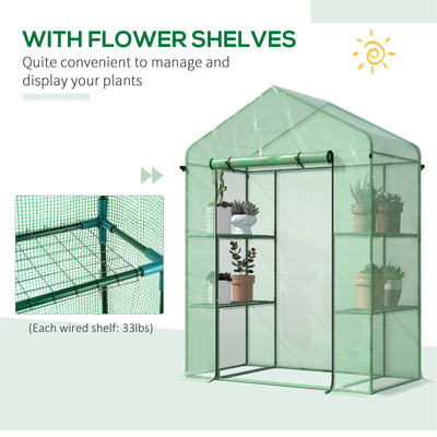 56" x 29" x 77" Walk-in Greenhouse, Garden Hot House with 3 Tier Shleves, Roll-Up Door and PE Cover, Green