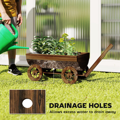 Wooden Wagon Planter Box, Mobile Garden Planter with 4 Wheels, Small Wheelbarrow Wagon Flower Cart with Drainage Hole