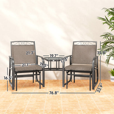 Outdoor Glider Chairs with Coffee Table, Patio 2-Seat Rocking Chair Swing with Breathable Sling for Backyard, Garden and Porch