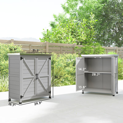 Wooden Storage Cabinet, Outdoor Prep Table with Metal Tabletop, Shelves and Double Doors for Patio, Garden