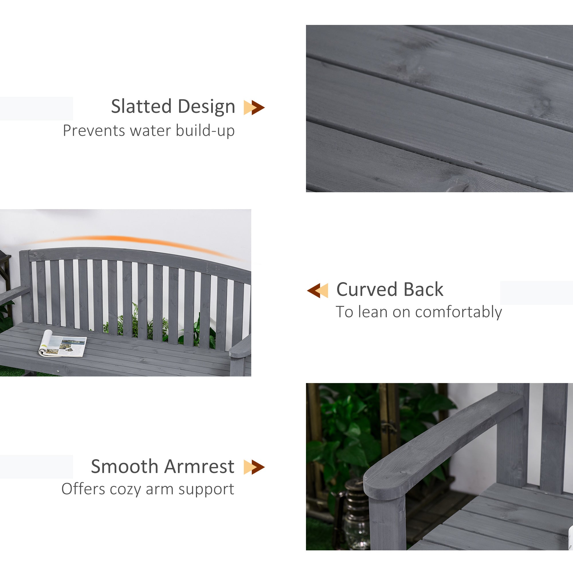 56" Outdoor Wood Bench, 2-Seater Garden Bench with Backrest and Armrest, Patio Bench for Patio, Porch, Poolside, Balcony, Gray