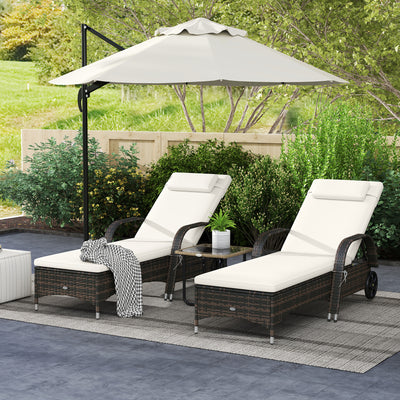 2 Reclining Chaise Lounge Chairs, Rolling Outdoor Chairs with Cushion, Pillow, Headrest, Armrests, and Wheels