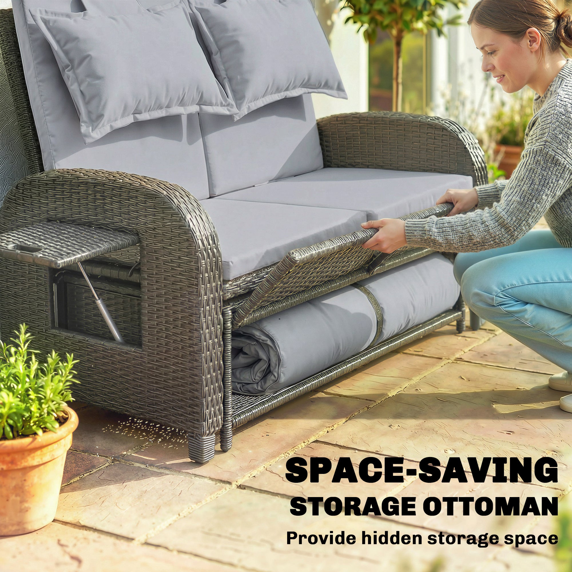 Patio Rattan Daybed, Wicker Outdoor Daybed with Storage Ottoman, Loveseat w/ Adjustable Backrest