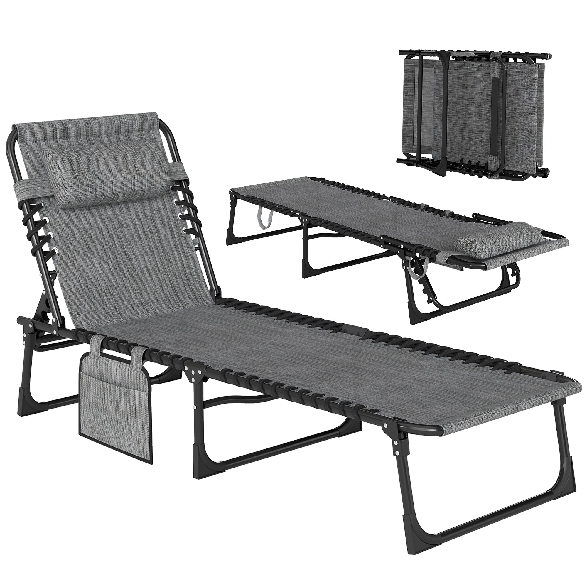 Reclining Chaise Lounge Chair, Portable Sun Lounger, Folding Camping Cot with Adjustable Backrest and Removable Pillow, for Patio, Garden, Beach