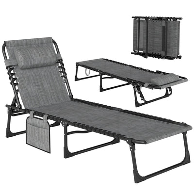 Reclining Chaise Lounge Chair, Portable Sun Lounger, Folding Camping Cot with Adjustable Backrest and Removable Pillow, for Patio, Garden, Beach