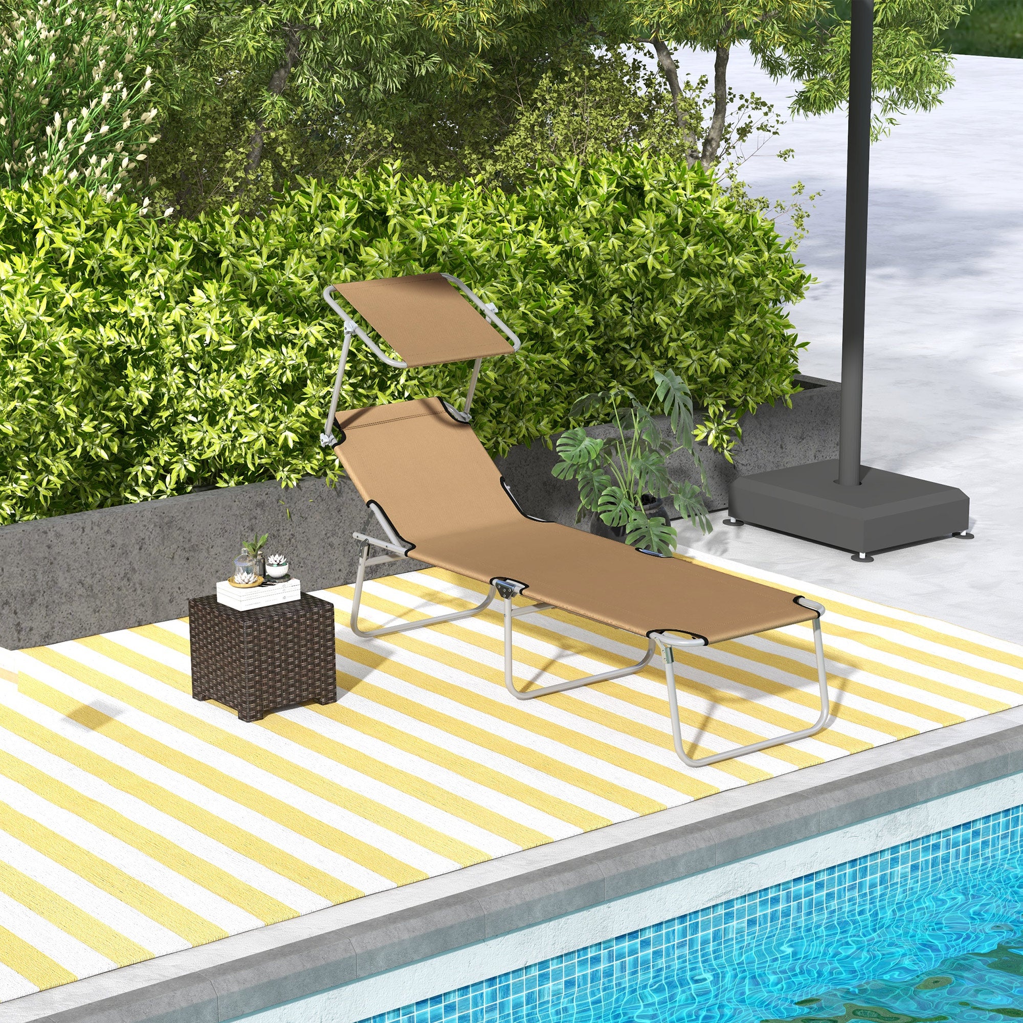 Outdoor Pool Chaise Lounge Chair, Folding Tanning Chair with Sun Shade