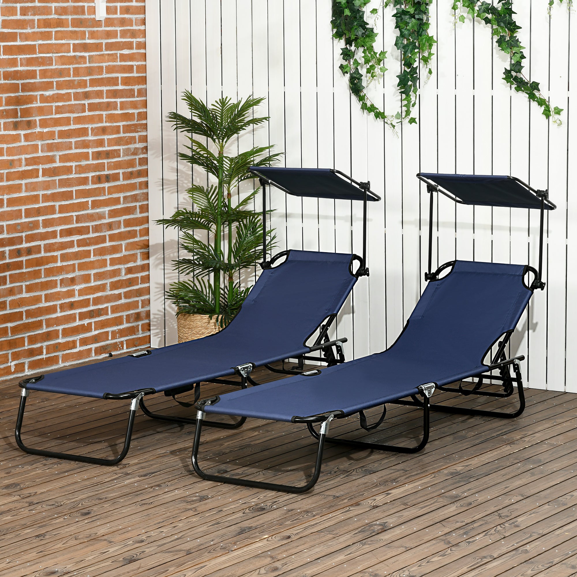Chaise Pool Lounge Chairs Set of 2, Outdoor Sun Tanning Chairs, Reclining Back, Steel Frame and Side Pocket