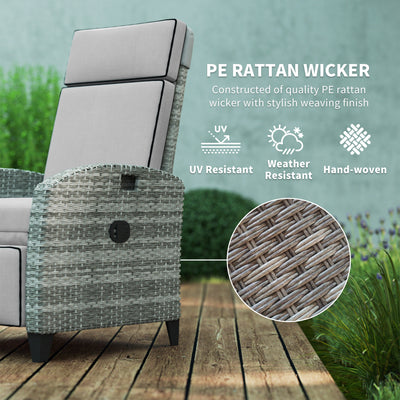 Outdoor Recliner Chair with Cushions, Reclining Patio Lounge Chair with Adjustable Footrest, Armrests, Tray Table