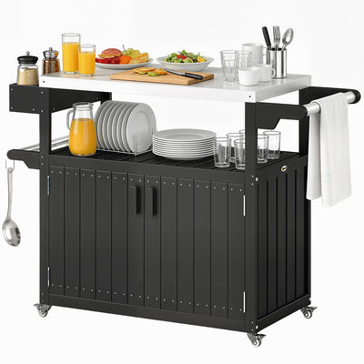 Outdoor Bar Cart with Storage, Stainless Steel Outdoor Bar Table Top, Wheeled HDPE Kitchen Island for Food Prep