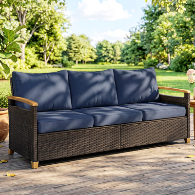 3 Seater Outdoor Couch Sofa, PE Wicker Patio Sofa, Wide Deep Seat, 4" Cushions, Wood-Effect Armrests Legs
