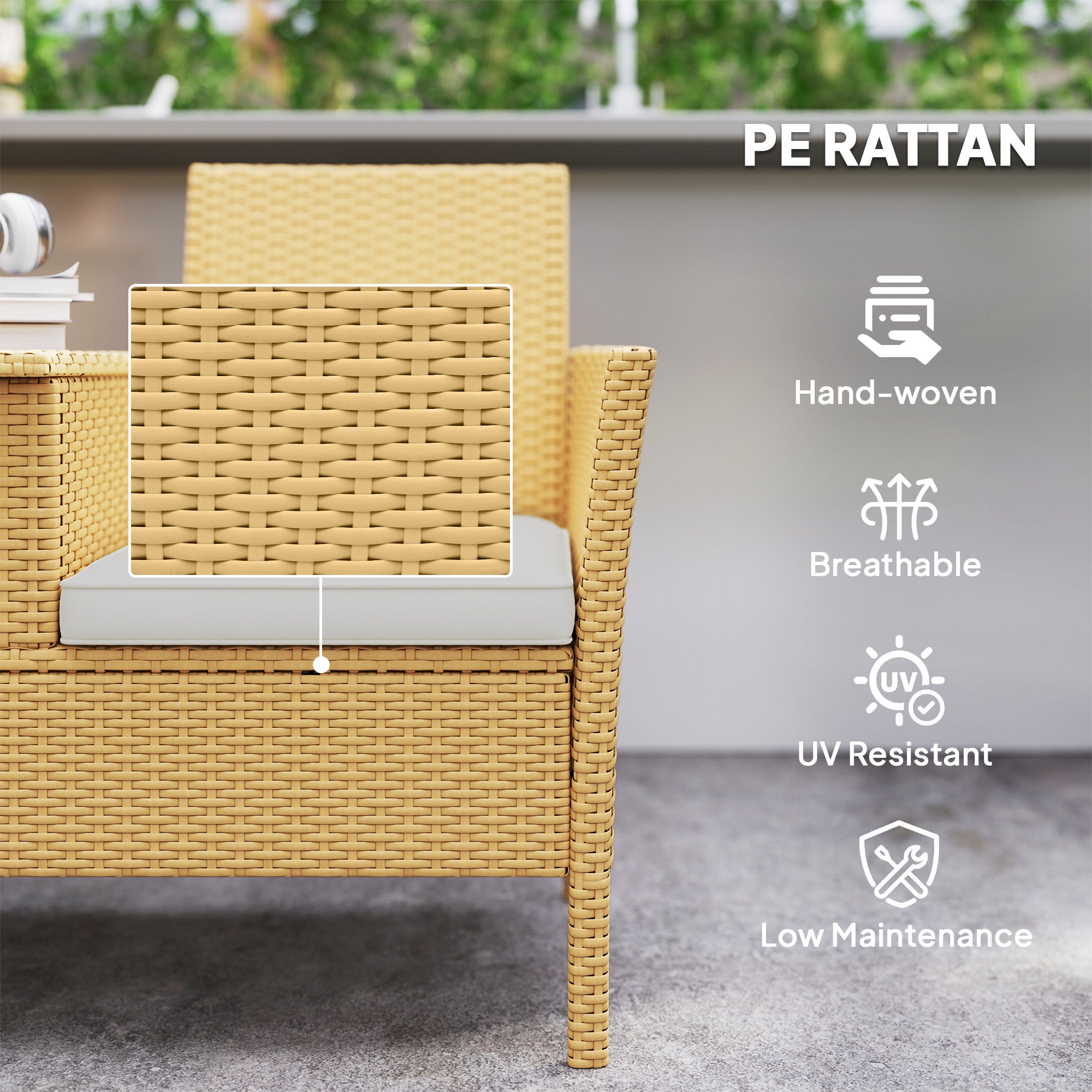 Patio Sofa Wicker Loveseat with Built-in Flip-Top Coffee Table and Cushions for Balcony, Garden, Lawn, Backyard, Khaki