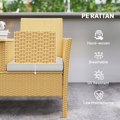 Patio Sofa Wicker Loveseat with Built-in Flip-Top Coffee Table and Cushions for Balcony, Garden, Lawn, Backyard, Khaki