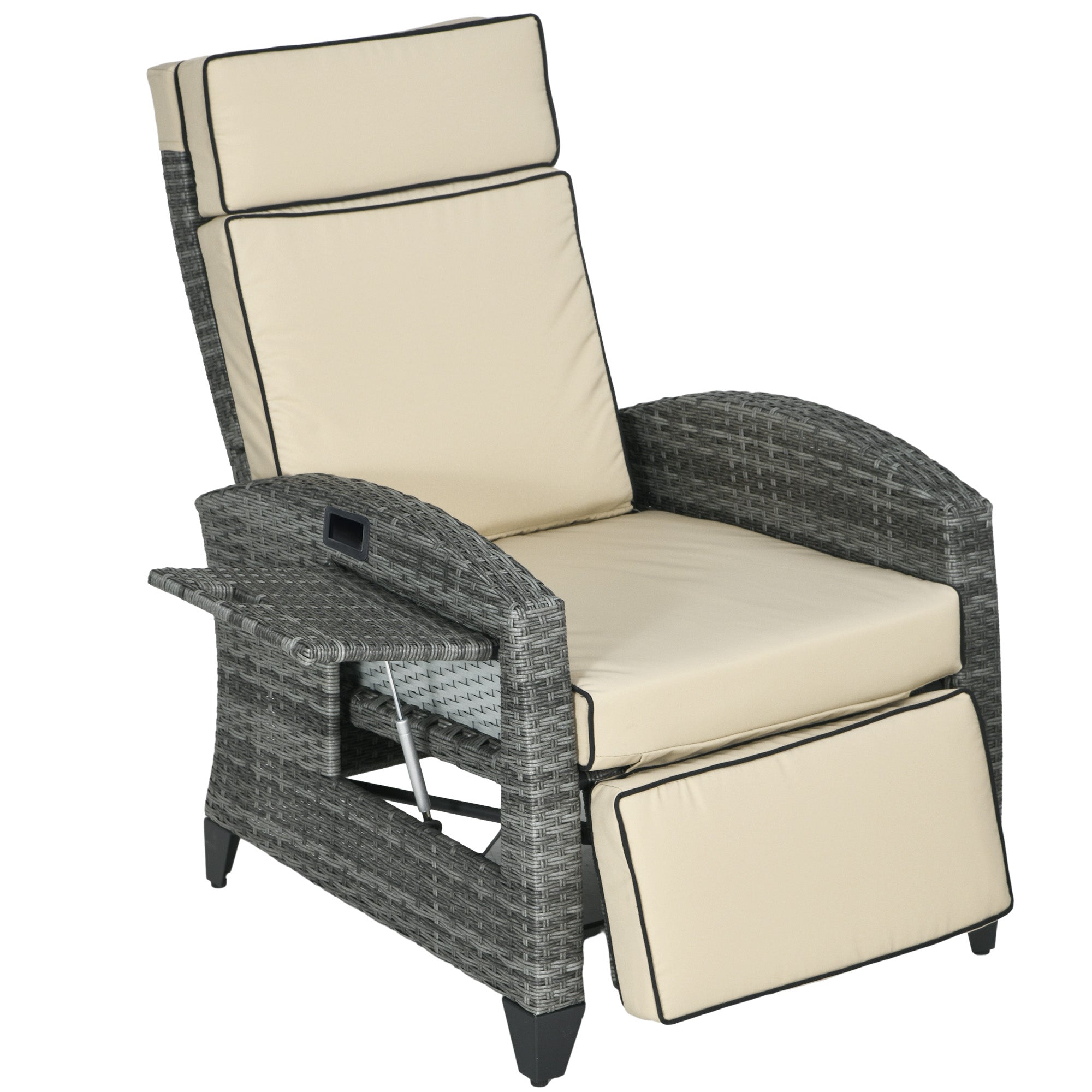 Outdoor Recliner Chair with Cushions, Reclining Patio Lounge Chair with Adjustable Footrest, Armrests, Tray Table