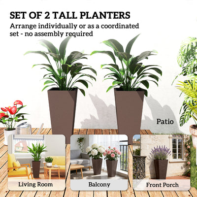 23 Inch Tall Planters for Outdoor Plants, Set of 2 Plastic Flower Pots, for Front Door Patio Garden Use