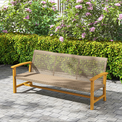 3-Seat Wicker Outdoor Couch Patio Sofa, Acacia Wood Patio Furniture with Steel Seat Armrests, 1000 LBS Capacity, Teak