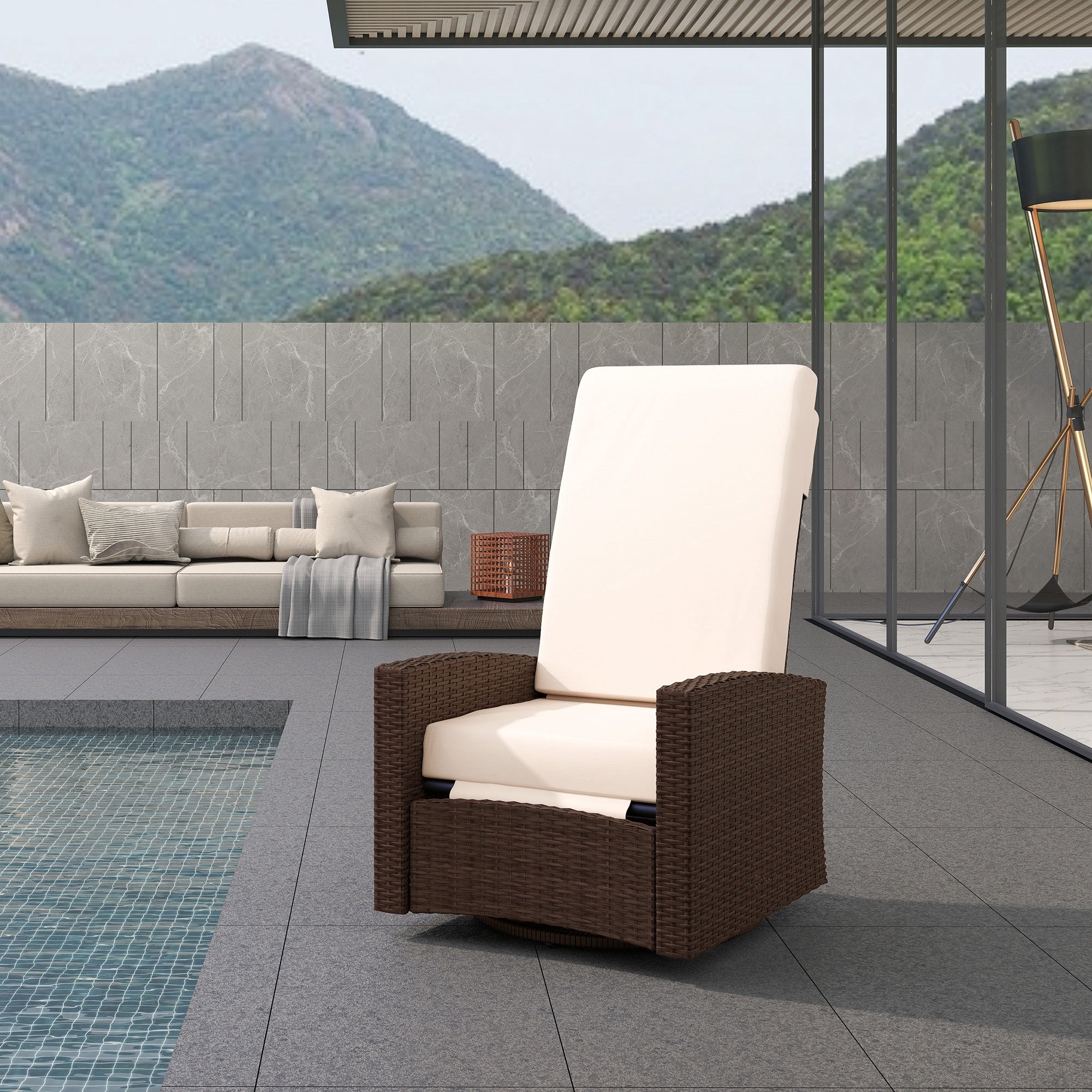 Outdoor Wicker Swivel Recliner Chair, Lifting Footrest, 360° Rotating Basic, Water-resistant Cushions, Dark