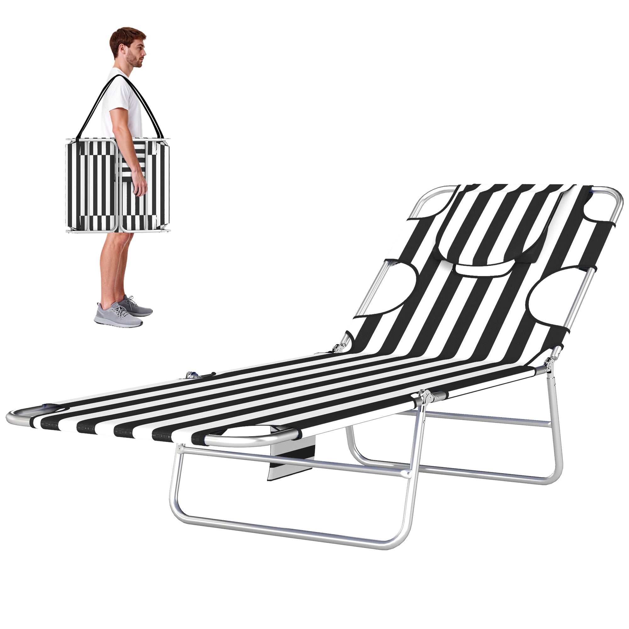 Tanning Chair with Face Hole, 5-Level Adjustable Outdoor Chaise Lounge Chair with Pillow for Beach, Pool