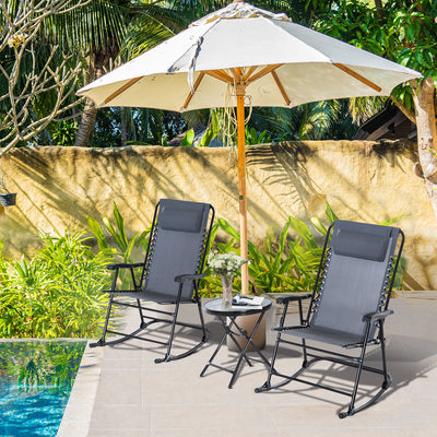 Outdoor Folding Rocking Chair Patio Table Seating Set, 2 Rocking Chairs with Armrests and 1 Side Table with Tempered Glass - Gray