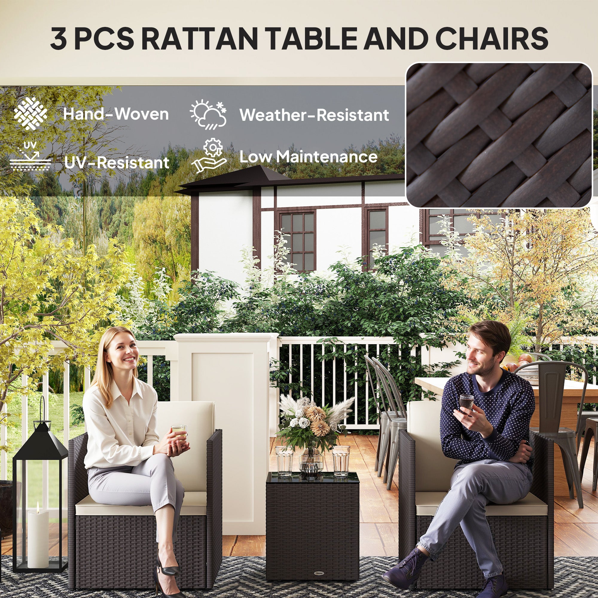 Folding Wicker Bistro Set, 3 Piece Patio Furniture Set with Cushions and Glass Coffee Table for Porch, Balcony
