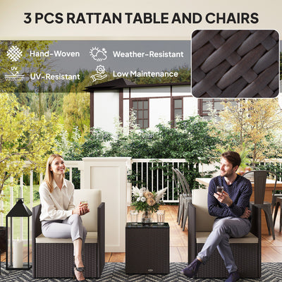 Folding Wicker Bistro Set, 3 Piece Patio Furniture Set with Cushions and Glass Coffee Table for Porch, Balcony