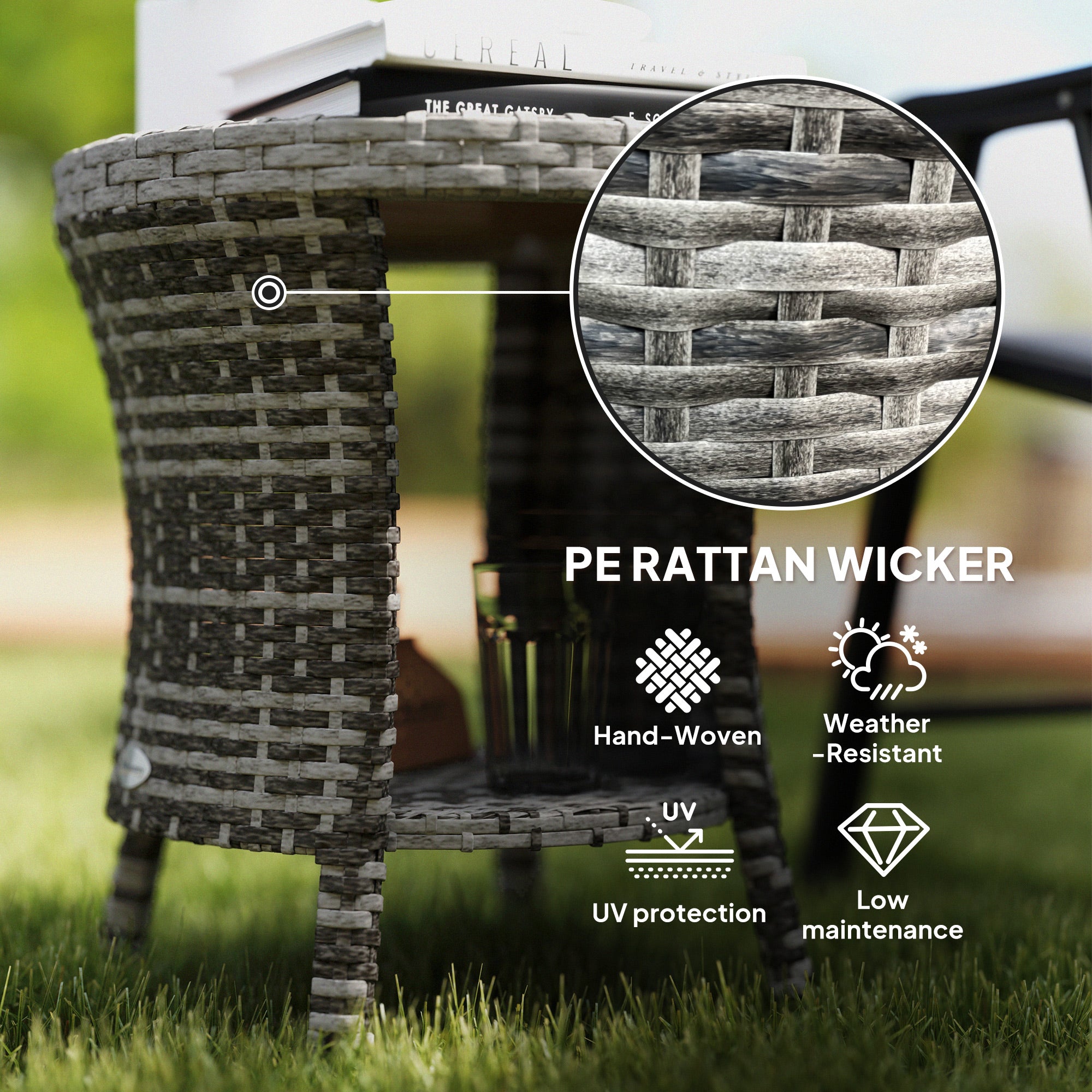18" Wicker Outdoor Coffee Table, PE Rattan Patio Side Table with 2-Tier Storage, Composite Wood Top