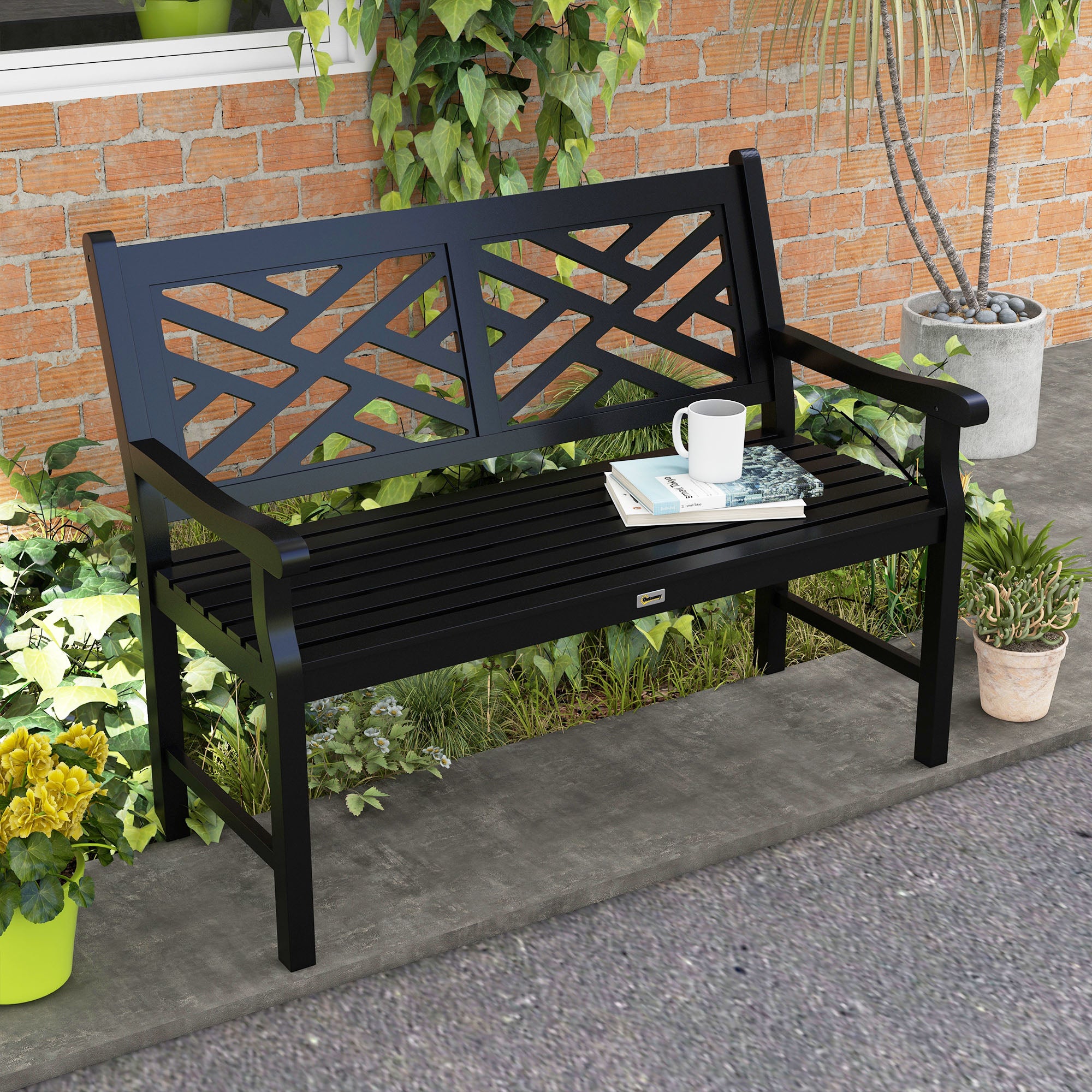 Outdoor Garden Bench, Wooden Frame Patio Bench with Geometric Pattern, 43.25 Inch Weatherproof 2-Person Love Seat for Garden, Lawn, Porch, Yard, Work Entryway, Black