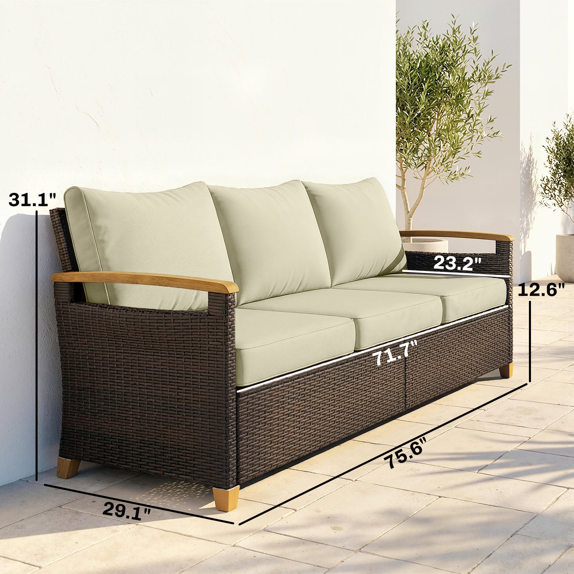 3 Seater Outdoor Couch Sofa, PE Wicker Patio Sofa, Wide Deep Seat, 4" Cushions, Wood-Effect Armrests Legs