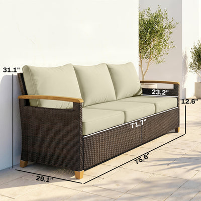 3 Seater Outdoor Couch Sofa, PE Wicker Patio Sofa, Wide Deep Seat, 4" Cushions, Wood-Effect Armrests Legs