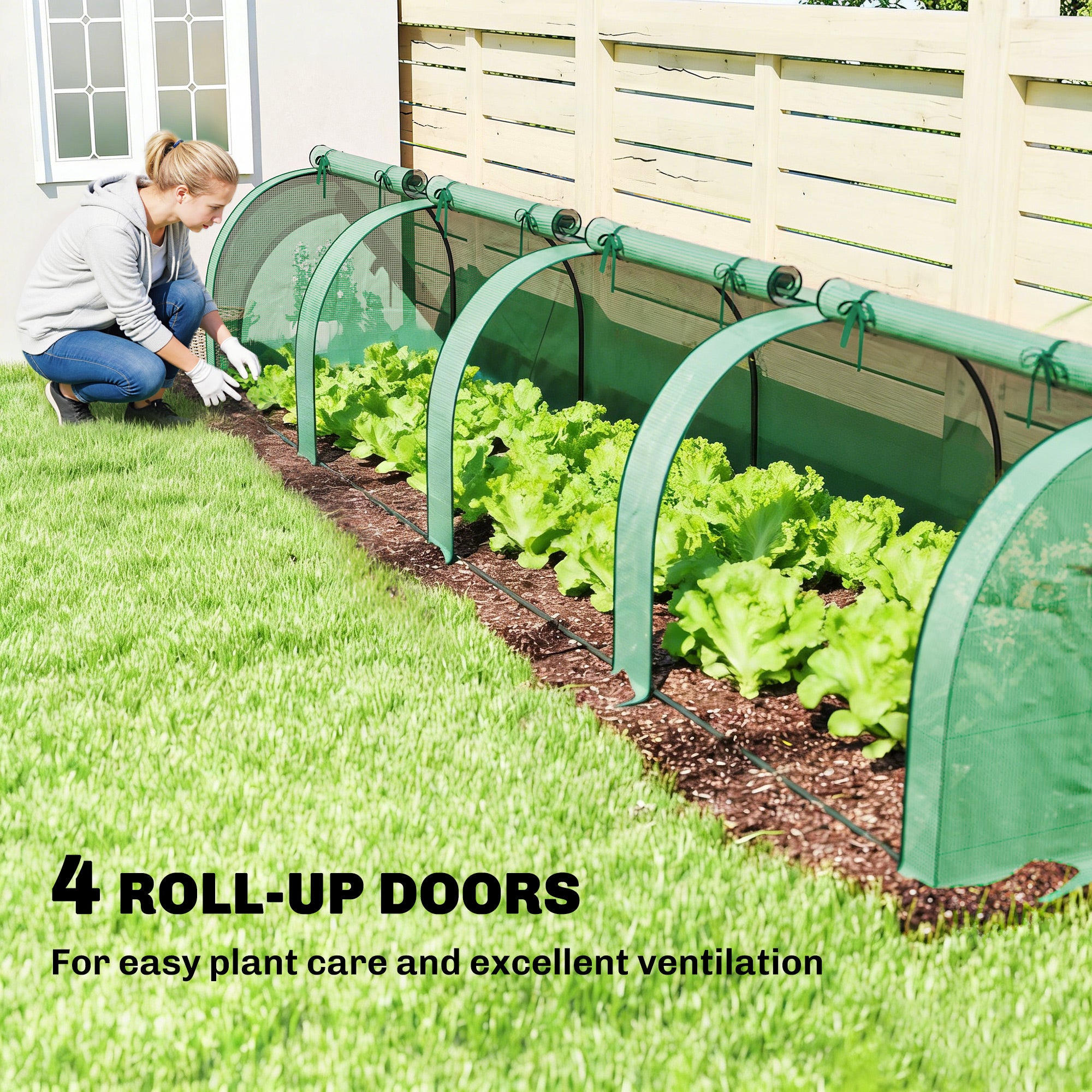 Mini Greenhouse, Portable Greenhouse with 4 Roll-Up Doors, PE Cover, 177.2" x 39.4" x 31.5"